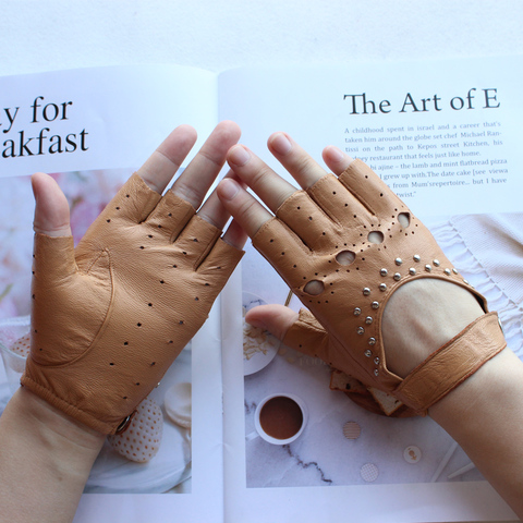 Guantes de cuero de medio dedo para mujer, de estilo moderno, color fino, para deportes al aire libre, conducción, piel de oveja, novedad ► Foto 1/6