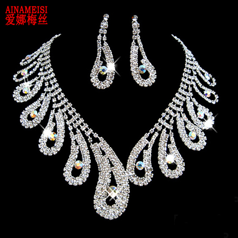 AINAMEISI-juegos de joyas con diamante de imitación para mujer, accesorios de boda chapados en plata, collar, pendientes ► Foto 1/6