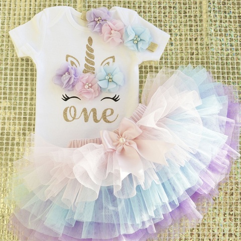 Vestido de 1 año para niña, vestido de fiesta de unicornio para niñas con tutú, trajes de 1 ° cumpleaños, ropa de 3 uds para niñas pequeñas de 12M ► Foto 1/6