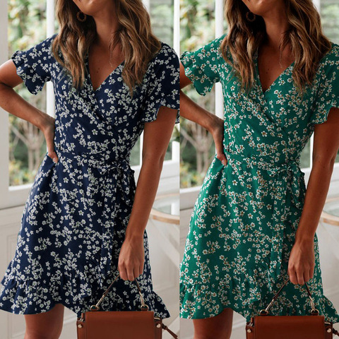 Estampado Floral de Boho volantes vestido de las mujeres de Verano de 2022 Sexy cuello en V de manga corta de gasa Mini vestidos vacaciones playa vestido de verano ► Foto 1/6