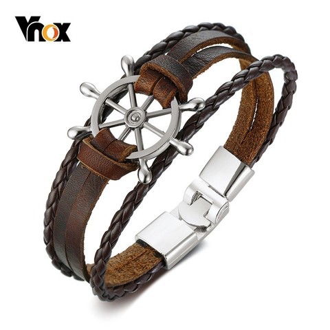 Vnox pulsera de amuleto timón Vintage para hombres pulseras de cuerda de cuero multicapa pulseras brazaletes 7,87 
