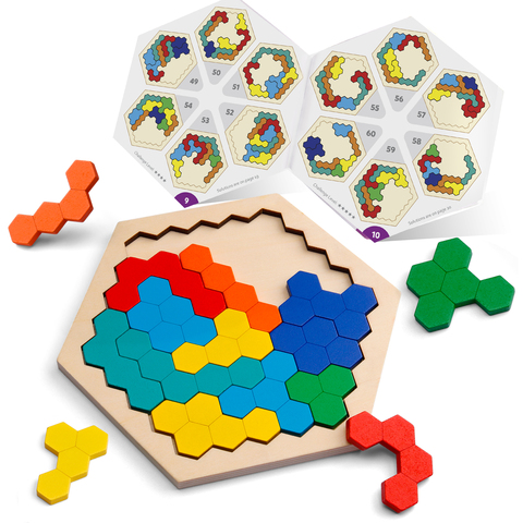 Coogam-rompecabezas hexagonal de madera para niños y adultos, Tangram, geometría, juego de inteligencia, regalo para niños pequeños ► Foto 1/6
