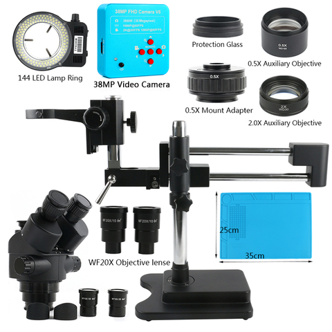 Soporte de doble brazo Zoom microscopio Trinocular Focal estéreo y cámara de 38MP para reparación de PCB Industrial, 3,5x 7X 45X 90X ► Foto 1/6