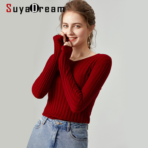 SuyaDream-suéteres de lana para mujer, suéteres 100% de lana con cuello de pico, sudaderas de punto de manga larga ajustadas lisas, Top de punto para otoño e invierno, 2022 ► Foto 1/6