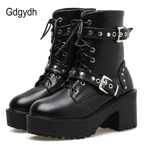 Gdgydh-Botas de plataforma con remaches para mujer, botas de combate de estilo gótico Punk, de cuero negro, con tacones medios, cómodas ► Foto 1/6