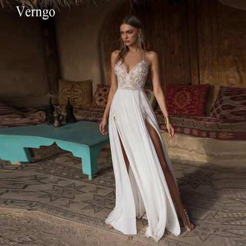 Vestido De novia Verngo Boho Sexy con abertura lateral para la playa Vestido De novia con cuello en V Vestido De novia con tirantes finos vestidos De novia Vestido De Noiva ► Foto 1/6