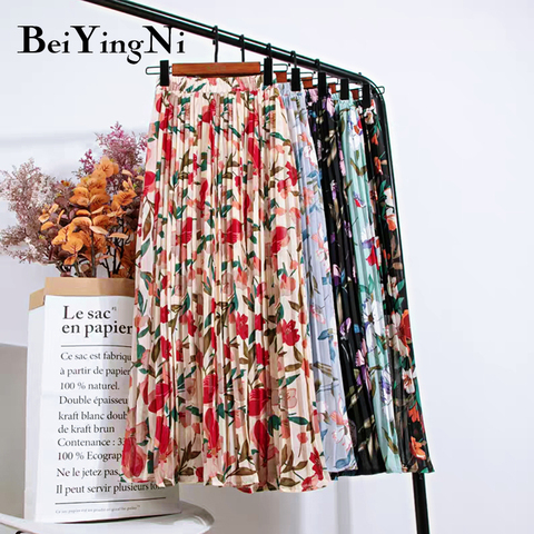 Beiyingni verano chifón playa Boho Maxi falda de las mujeres cintura alta Floral impresión Vintage Holiday fruncido largo Faldas de moda Faldas ► Foto 1/6