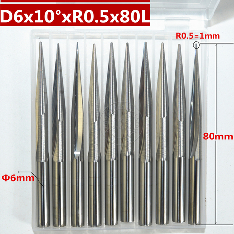 6mm * 10 ° * R0.5 * 80L, fresa de carburo CNC sólido, broca de enrutador de cono de carpintería, fresa de extremo de punta de bola cónica, alivio profundo, MDF ► Foto 1/6