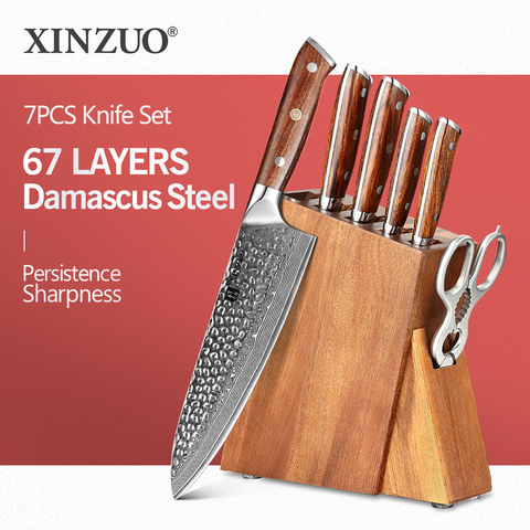 XINZUO-Juego de cuchillos de cocina de acero damasco japonés VG10, rebanador de carne con mango de madera de hierro, juego de cortador Santoku, regalo para Chef, 7 Uds. ► Foto 1/1