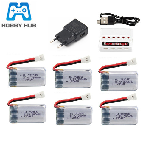 752035 de 3,7 V 380mAh lipo batería y batería de 6 in1 cargador para Hubsan X4 H107 H107L H107D JD385 JD388 RC helicóptero de piezas de repuesto de drones ► Foto 1/5