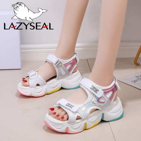 LazySeal-Sandalias de plataforma para mujer, Calzado con suela gruesa de arco iris, cuña con gancho y lazo, zapatos de plataforma de Punta abierta, verano 2022 ► Foto 1/6