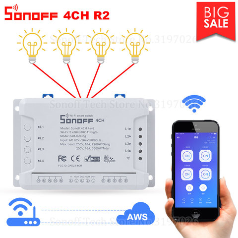 Itead Sonoff 4CH R2 Wifi inteligente interruptor 4 casa inteligente Control remoto luz interruptor de carril Din relé con Alexa de Google ► Foto 1/6