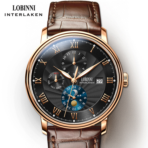 LOBINNI hombres relojes marca de moda reloj de pulsera Gaviota mecánico automático reloj de fase de la luna reloj masculino L1023B-2 ► Foto 1/6