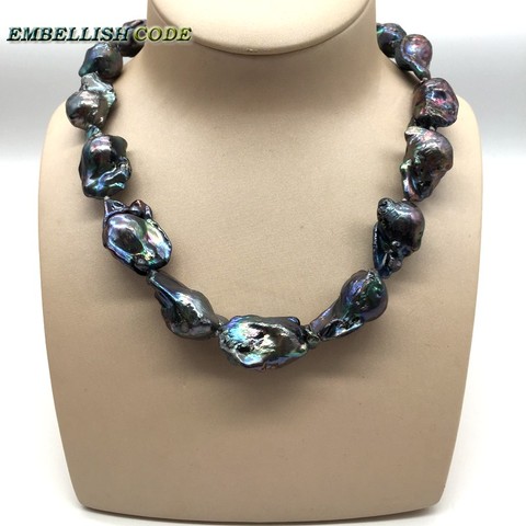 Collar de perlas barrocas grandes con estilo Irregular, tejido de perlas naturales, color negro y azul, joyería popular elegante ► Foto 1/6