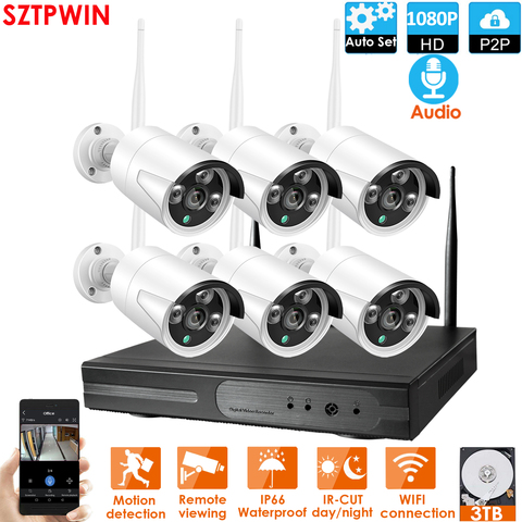 Kit de seguridad inalámbrico, con visión nocturna, para interiores y exteriores, audio IP, cámara, WiFi, sistema CCTV, 6 canales, 1080P, audio FHD, NVR, P2P ► Foto 1/6