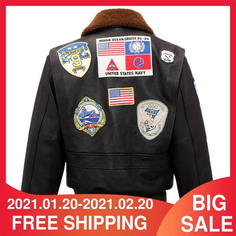 Chaqueta de cuero de piloto USAF estilo militar marrón oscuro para hombre, talla americana, cuero vacuno grueso auténtico, abrigo de Aviador cálido para invierno, 2022 ► Foto 1/6