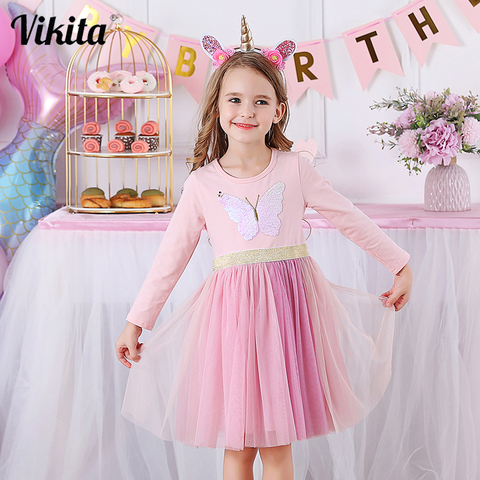 VIKITA-vestido de niña otoño Reversible, lentejuela mariposa, Vestidos de princesa de manga larga para niñas y niños, vestido de malla ► Foto 1/6