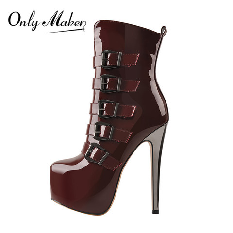 Onlymaker-Botines de punta redonda para mujer, botas cortas de tacón grueso con cremallera lateral, color vino tinto, talla grande ► Foto 1/6