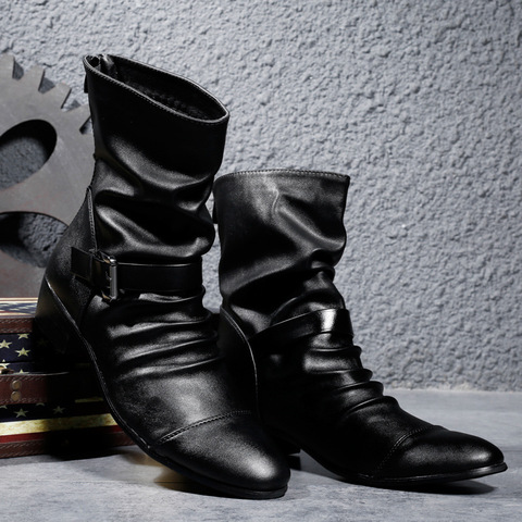 Botas de vaquero italiano para hombre, zapatos informales para motocicleta, Botines de cuero de alta calidad para invierno, color negro ► Foto 1/6