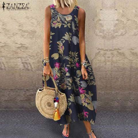 ZANZEA-Vestido Vintage de lino y algodón para mujer, Vestido largo con estampado Floral, sin mangas, holgado para la playa, hasta 5XL ► Foto 1/6