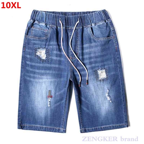 Pantalones cortos vaqueros con agujeros para hombre, shorts de talla grande, cintura elástica, 6xl, 7xl, 9xl, 10xl, novedad de verano ► Foto 1/6