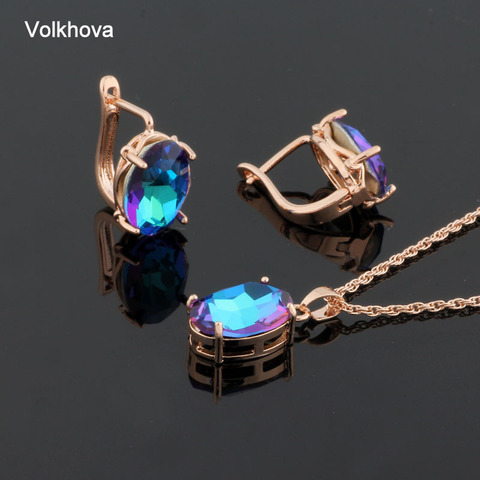 Conjunto de collares y pendientes de cristal para mujer, 5 colores, colgante de oro rosa 585, conjunto de collar y pendientes de gota, conjunto de joyería de lujo ► Foto 1/6