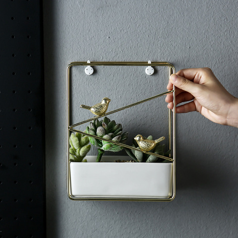 Pajaritos plantadores de cerámica blanca con estante de Metal, maceta de flor para colgar en pared para plantas suculentas, decoración de paredes de jardín ► Foto 1/6