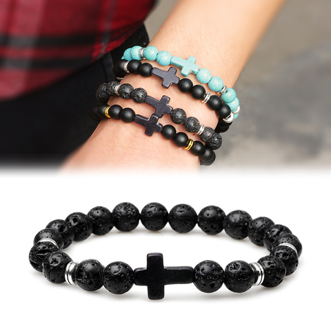 Pulsera con cuentas de Cruz con piedra Natural para hombre y mujer, brazalete con abalorios de la suerte, color negro mate, hecho a mano, regalo de joyería para pareja ► Foto 1/6