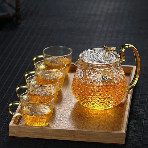 Tetera con filtro de vidrio de alta borosilicato para el hogar, tetera tipo burbuja, patrón amartillado de alta resistencia a la temperatura, juego de té de kung-fu ► Foto 1/6