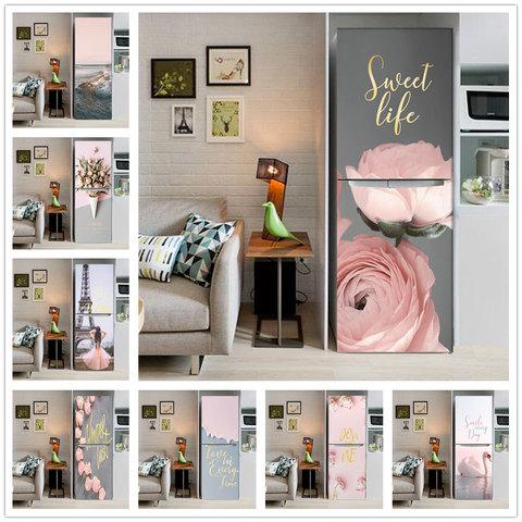 Pegatina de PVC para cubrir la puerta de la nevera, papel tapiz impermeable de pelar y pegar, cartel de decoración de pared para el hogar, Mural artístico, rosa y rosa ► Foto 1/6