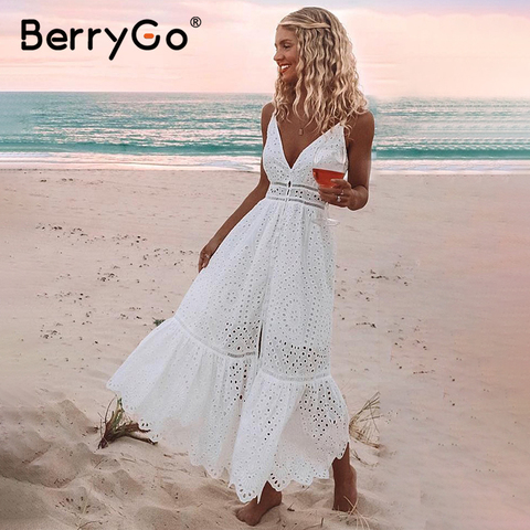 BerryGo-Vestido largo bordado de algodón para mujer, vestido blanco con perlas, ahuecado, largo, para fiesta de noche, verano, 2022 ► Foto 1/6