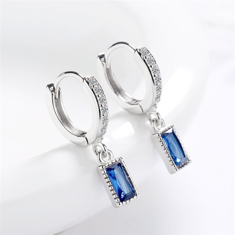 Pendientes de plata de ley 925 con colgante de cristal geométrico para mujer, aretes colgantes con memoria azul, SEA775 ► Foto 1/6