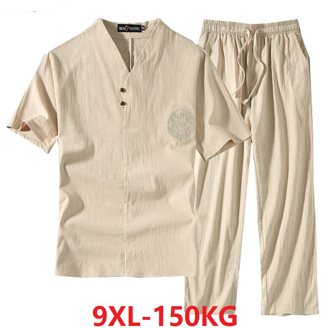 Chándal de talla grande para hombre, traje de verano, camiseta de lino, conjunto de moda para hombre, estilo chino, 8XL, 9XL, dos piezas, 2022 ► Foto 1/6