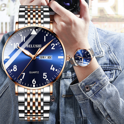 BELUSHI-reloj analógico de acero inoxidable para hombre, accesorio de pulsera de cuarzo resistente al agua con calendario, complemento masculino de marca de lujo con diseño moderno y estilo informal, nuevo ► Foto 1/6