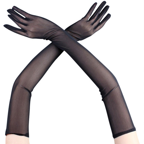 Guantes largos transparentes con encaje negro para mujer y hombre, Sexy, transpirables, de 55cm, hilo de red sólido, elasticidad para fiesta y rendimiento ► Foto 1/6