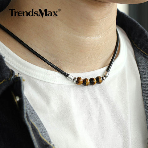 Trendsmax-collar de cuentas de piedra de ojo de tigre Natural, Gargantilla de cordón de cuero negro para hombres y mujeres, regalo de joyería DN125, 8mm ► Foto 1/6