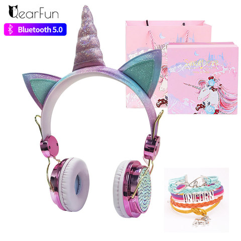 Unicornio Bluetooth 5,0 auriculares para niños con micrófono bonito Cosque chicas música casco portátil Cascos teléfono Gaming auriculares niños regalos ► Foto 1/6