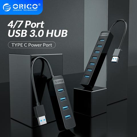 ORICO USB 3,0 HUB con puerto de fuente de alimentación tipo C 4/7 Puerto USB 3,0 adaptador divisor OTG para accesorios de ordenador PC ► Foto 1/6