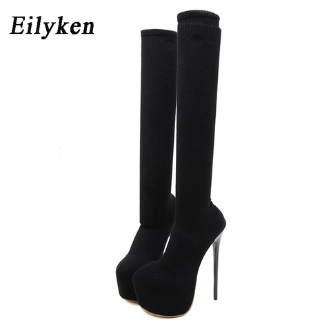 Eilyken-Botas de tacón de plataforma de 17CM para mujer, botas de invierno por encima de la rodilla, tejidas negras, calcetines altos hasta el muslo, zapatos para mujer ► Foto 1/6