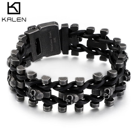 Kalen-Cadena de eslabones Punk de acero inoxidable para hombre, pulsera tejida de cuero con esqueleto negro hervida, accesorios de joyería ► Foto 1/6