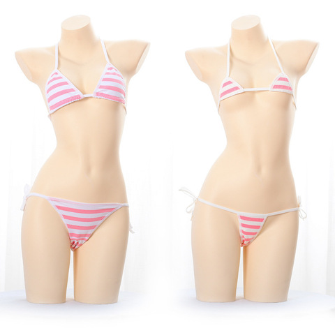 Ropa interior Sexy japonesa Lolita Kawaii Azul Mini Bikini a rayas blancas rosas para adultos Cosplay disfraces eróticos conjunto de ropa interior para mujer ► Foto 1/6