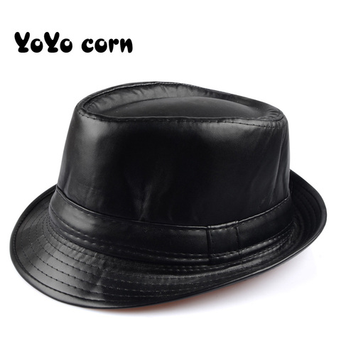 Sombrero de cuero de color liso para hombre y mujer, sombrero de ala ancha, sombreros británicos Stetson fetson para hombre/mujer, negro entallado, Gorras de Jazz Hip-Pop ► Foto 1/6