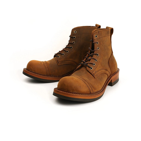 Yominior-Botas de cuero de vaca hechas a mano para hombre, botines de cuña de punta redonda, herramientas de invierno, para motocicleta, café ► Foto 1/6