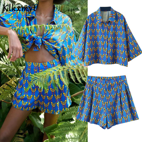 Klkxmyt-Conjunto de dos piezas para mujer, blusa holgada con estampado de moda de ala de murciélago, blusa recortada de manga corta para PLAYA + conjunto de pantalones cortos informales con cintura elástica ► Foto 1/6