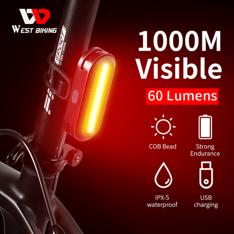 WEST BIKING-luz trasera LED para bicicleta, recargable vía USB, accesorios para bicicleta, 6 modos de seguridad en ciclismo, casco, lámpara ► Foto 1/6