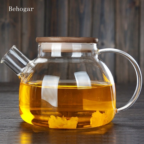 Behogar-TETERA de cristal resistente a altas temperaturas, tetera Flores, agua, leche, café, botella, olla con tapa de bambú, se puede calentar, 1000ml ► Foto 1/6