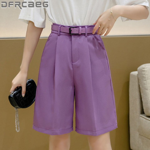 Bermudas holgadas de pierna ancha para mujer, pantalones cortos de cintura alta de algodón, color morado o negro, con cinturón gratis, 2022 ► Foto 1/6