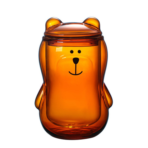 Taza de café de doble taza de oso creativa, taza de café de vidrio transparente con cubierta, tazas de oso ámbar de dibujos animados, 300ML ► Foto 1/6