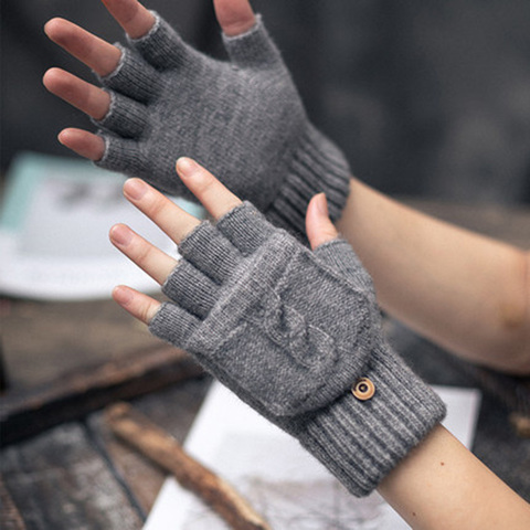 Guantes de punto de medio dedo para mujer, guantes de invierno con tapa, de terciopelo, cálidos, color sólido, E49 ► Foto 1/6