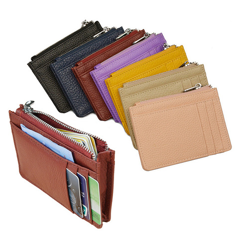 Tarjetero de piel auténtica para hombre y mujer, Cartera de Cremallera gruesa grande, a la moda, Color caramelo, Bolsa de tarjeta de crédito de Banco de negocios ► Foto 1/6